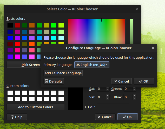 A language selection dialog for a color chooser, a very simple application that shouldn't require one.