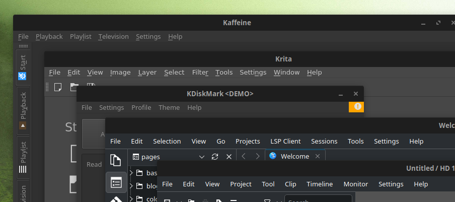 A screenshot of multiple KDE applications with very similar menubars.